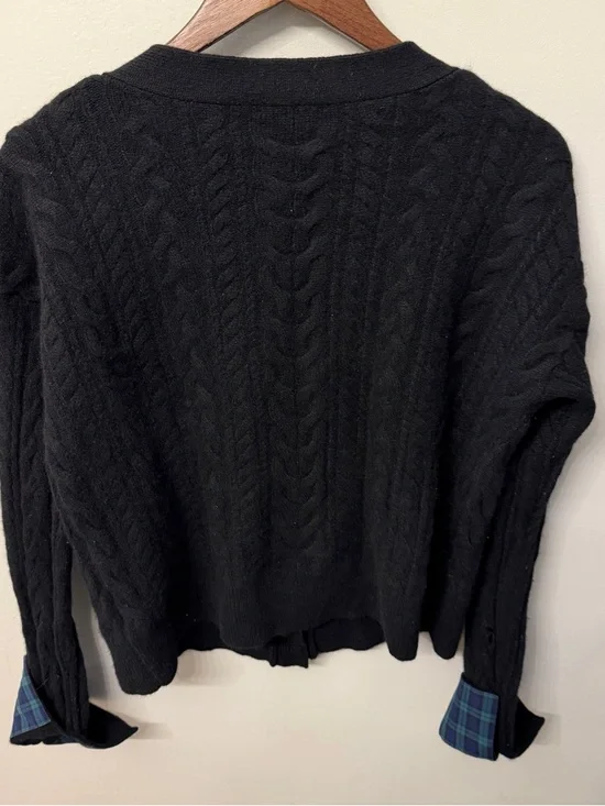 Vineyard Vines Black Cashmere Button Cardigan with Plaid Cuff Detail - Picture 2 of 3